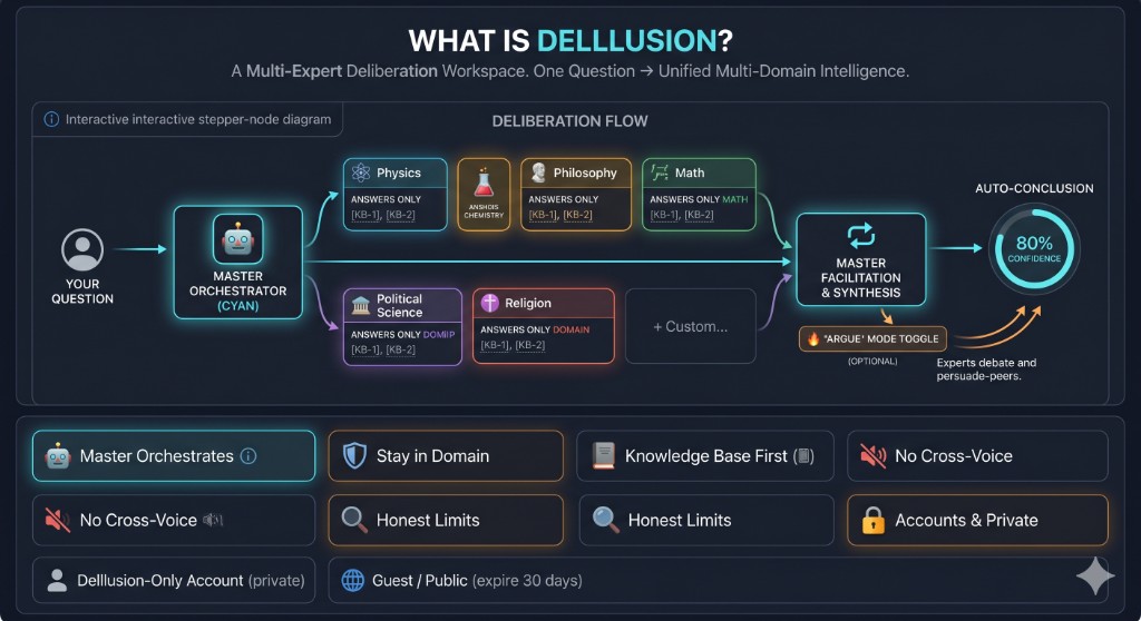 Deliberation flow: your question to Master Orchestrator, domain experts (Physics, Chemistry, Philosophy, Math, Political Science, Religion, custom), Master facilitation and synthesis, optional Argue mode, and auto-conclusion with confidence score